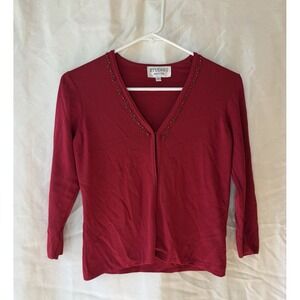 Studio I Womens Top Beaded Burgundy 6P Petite Shirt Office Career